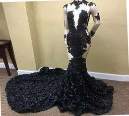 2K18 Black Girl Mermaid Prom Dresses Plus Size High Neck Long Sleeves Appliqued Evening Dress Attractive 3D Rose Floral Prom Party3198972