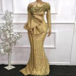 Party Dresses African Woman Plus Size Evening Lace Long Sleeves Mermaid Glitter Gold Dress Sequins Applique Bow Waist Prom Gowns