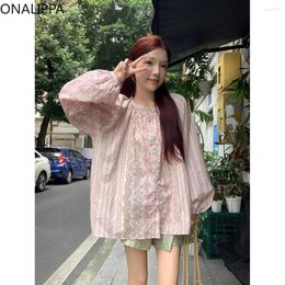 Women's Blouses Onalippa Retro Floral Lantern Sleeve Shirt For Women Pleated Design Loose Sunscreen Blouse Korean Small Fresh Printing