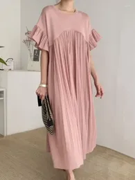 Casual Dresses Female's Beautiful Loose O Neck Patchwork Pleated Ruffle Edge Short Sleeves Long Dress Women 2024 Spring Summer X822