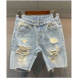Mens Jeans Ripped Denim Shorts Light Blue Fifth Pants Trendy Allmatch Loose Woolen Split Ing Short 230519 19