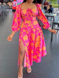 Casual Dresses Floral Print Puffed Long Sleeve Square Neck Sweet Maxi Dress Women