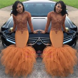 2k17 African Long Sleeve Prom Dresses Tiered Skirts High Neck See through Lace Applique Top Beaded Plus Size Evening Gowns BA80842418285