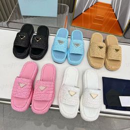 Straw plaited article platform thick sole slippers Slides mules sandals women's beach open-toe casual shoes luxury designers flat shoes factory footwear with box