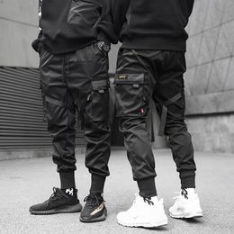 Joggers Cargo Pants for Men Casual Hip Hop Hit Color Pocket Male Trousers Sweatpants Streetwear Ribbons Techwear Pants 240409