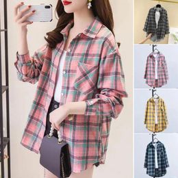 Women's Blouses Loose Shirt Shrink Resistant Ladies Blouse Turn Down Collar Trendy Classic Plaid Printing Lady Coat Designed Sense