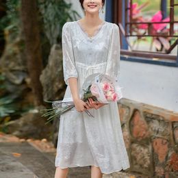 Casual Dresses Real Silk Women's White Black Dress 2024 Summer Lace V-neck Elegant For Women Floral Jacquard Long A-line