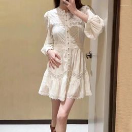 Casual Dresses 2024 Spring And Summer Round Neck Hollow Lace White Dress Single Breasted Mini For Women