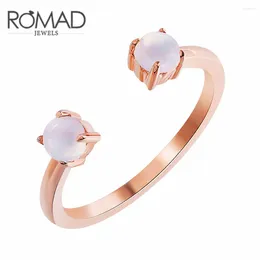 With Side Stones ROMAD Charm Midi Open Rings For Women Rose Gold Colour Kunckle Ring Double Moonstone Fashion Jewellery Anillos Birthday Gifts