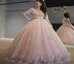 Pearl Pink Sequined Appliqued Ball Gown Quinceanera Dress Vintage Long Sleeves Sweet 15 Dress Long Formal Party Prom Evening Gowns6682050