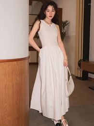 Casual Dresses Summer Fashion Sleeveless Tank Dress Korean Women High Street Pockets Long Solid A-Line Holiday Beach Vestido