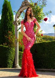 Aso Ebi 2019 Arabic Red Sparkly Evening Dresses Sweetheart Mermaid Feather Prom Dresses Sequined Formal Party Second Reception Gow1016921