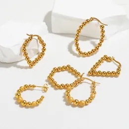 Hoop Earrings 1 Pair Stainless Steel Bead Simple Gold 18K Plated Round Hollow Texture Trendy Waterproof Jewellery Women