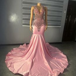 2024 Pink Prom Dresses for Black Women Sheer Neck Rhinestone Decorated Evening Dresses Elegant Birthday Party Dress Second Reception Gowns Engagement Gown NL679