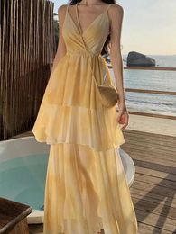 Casual Dresses Women Sweet Yellow Floral Sleeveless Backless Sexy Club Ruffles Slip Dress Summer Elegant Holiday Birthday Party Cake Chic