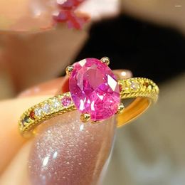 Cluster Rings Pink Crystal Ruby Gemstones Zircon Diamonds Chic For Women Girl 18K Gold Filled Fine Jewellery Birthday Gifts Wedding