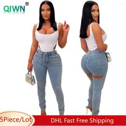 Women's Jeans 5Pcs Wholesale Women Skinny Sexy Cut Out Hole Pearls Washed Denim Trouser Casual Pocket High Waist Slim Pencil Pants 10261