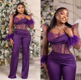 Purple grape Jumpsuits Prom Dresses Beaded Plus Size Evening Gowns Feathers Long Sleeves Illusion Bateau Neck Special Occasion formal dresses for women