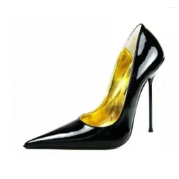 Dress Shoes Black Patent Leather Metal Thin Heels Pointy Toe Women Pumps 12CM Slip On Shallow Celebrating Big Size 45