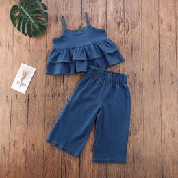 Clothing Sets Toddler Girls Kids Summer Clothes Denim Ruffle Sleeveless Baby Tops High Waist Wide Leg Pants Children Outfits Set