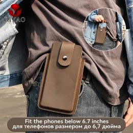 RIYAO Mobile Phone Waist Bag 6-7.3 inch Phone Holster Case Genuine Leather Cell Phone Belt Clip Pouch For iPhone 15 man 240419