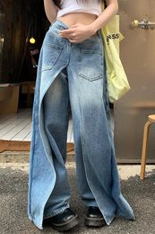 Women's Jeans Design Sense Dual Wear Retro Wide Leg Baggy Casual Denim Trouser Harajuku High Waist Loose 2024 Fashion Blue Pants