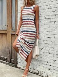 Urban Sexy Dresses Striped Split Side Tank Dress Sleeveless Round Neck Boho Dress Womens Clothing Y240420