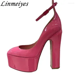 Dress Shoes Sexy Chunky Heels Women Runway Patent Leather Ankle Buckle Strap Platform Designer Pumps Super High Heel Woman