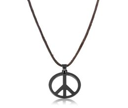 Pendant Necklaces 2021 Black Stainless Steel Hollow Out Peace Pendants For Men Love Hippie Punk Long Genuine Leather Necklace Je1956879