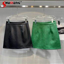 Skirts 2024 Autumn Crocodile-Skin Pattern Pu Leather Skirt For Women A- Line Hip Ladies Green Black All-Match