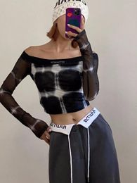 Women's T Shirts Tie-Dyed Print Off-Neck Long Sleeve Short Slim Mesh Top Sexy Star Shining T-shirt Bottoming Shirt