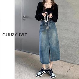 Skirts GUUZYUVIZ Vintage Blue Denim Long High Waist Split A Line Women Skirt Jean For Ladies