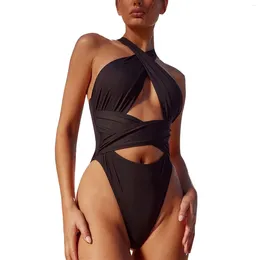 Women's Swimwear 2024 Sexy Swimsuit High Leg One Piece Women Criss Cross Thin Straps Halter Bathing Suit Beachwear