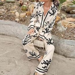 Casual Dresses 2024 Autumn Printed Top Trousers Set Elegant Stain Pant Suits Full Sleeve Lapel Shirt For Female Vacation Beach