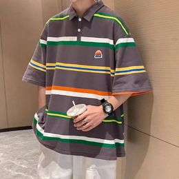 Extra large size American striped polo shirt short-sleeved mens and womens all-match tops summer ins high street five-quarter 240418