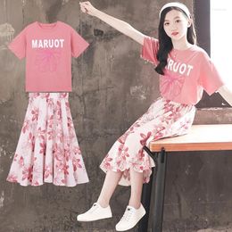 Clothing Sets Korean Summer School Girl 2PCS Clothes Set Children Alphabet T-shirt Junior Flower Full Print Skirt Kids Suit