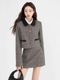 Work Dresses French Fragrance Set Women Vintage Polo Collar Coat Short Skirt Temperament Solid Spliced Sweet Autumn Female Grey Two Piece