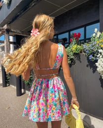 Backless Sexy Women Mini Dress Sleeveless V Neck Backless Flower Print Summer Club Party Dress Sundress Streetwear S M L 240407