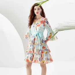 Casual Dresses Drop 2014 Summer Fall Vintage Floral Print V Neck 3/4 Puff Sleeve Women Ladies Party Holiday Mini Short Layered Dress
