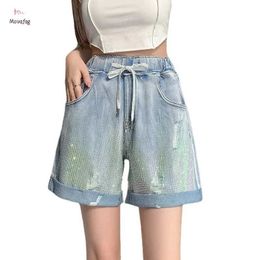 Women's Shorts 2024 Summer Short Jeans Diamond Irregular Rag Wide Leg A- Line Lace-up Korean-style High Waist Slimming Womens Pants Y240420