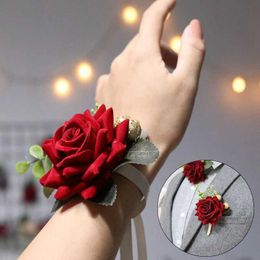 Kedja röda brudtärnor handleden corsage tyg rose armbandsdekor brud bröllopstillbehör prydnadsfest dekoration prom y240420