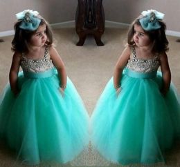2018 Turquoise Green Flowe Girls Dresses Cute Spaghetti Birthday Gowns Straps Crystal Beaded Tulle Toddler Pageant Dresses For Gir7678721