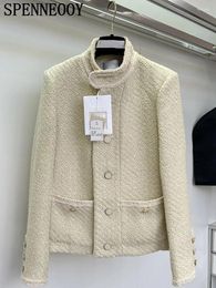 Women's Jackets SPENNEOOY Fashion Designer Autumn Beige Color Stand Collar Straight Barrel Multi Button Long Sleeve