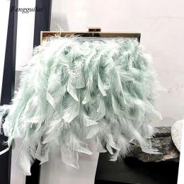 Buckets Autumn Winter Luxury Real Ostrich Feather Handbag Women Evening Bags Purse Pink White Dinner Party Clutches Ladies Messenger Bag