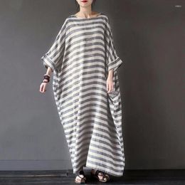 Casual Dresses O-Neck Batwing Sleeves Women Dress Pockets Ankle Length Fine Sewing Retro Striped Print Loose Maxi Streetwear