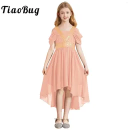 Girl Dresses Kids Girls Sequins Wedding Gown Children Party Dress Pleated High-Low Chiffon Ball Teens Formal Vestidos Flower