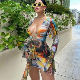 Bathing Suit Cover Up Women Clothes Swimsuit Swim Wear Print Sexy Leaf With Rope Cuff Long Sleeve Dress Spandex Bath Exit