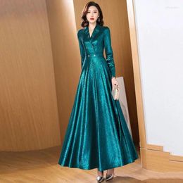 Casual Dresses Bright Blue Dress Spring Women's 2024 Slim Super Long To Ankle V-neck Sleeve Luxury Party Vestidos Female