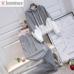 Women's Two Piece Pants 2024 Spring Grey White Spliced Hoodie Lace Up Pencil Set Of Korean Style Female Student Sports Tracksuit