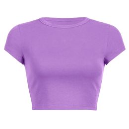 Sweet 2023 Purple Short Sleeve Women Casual T Shirts Basic O Neck All Match Crop Top Soft Bodycon Korean Fashion Tees Blouse 240417